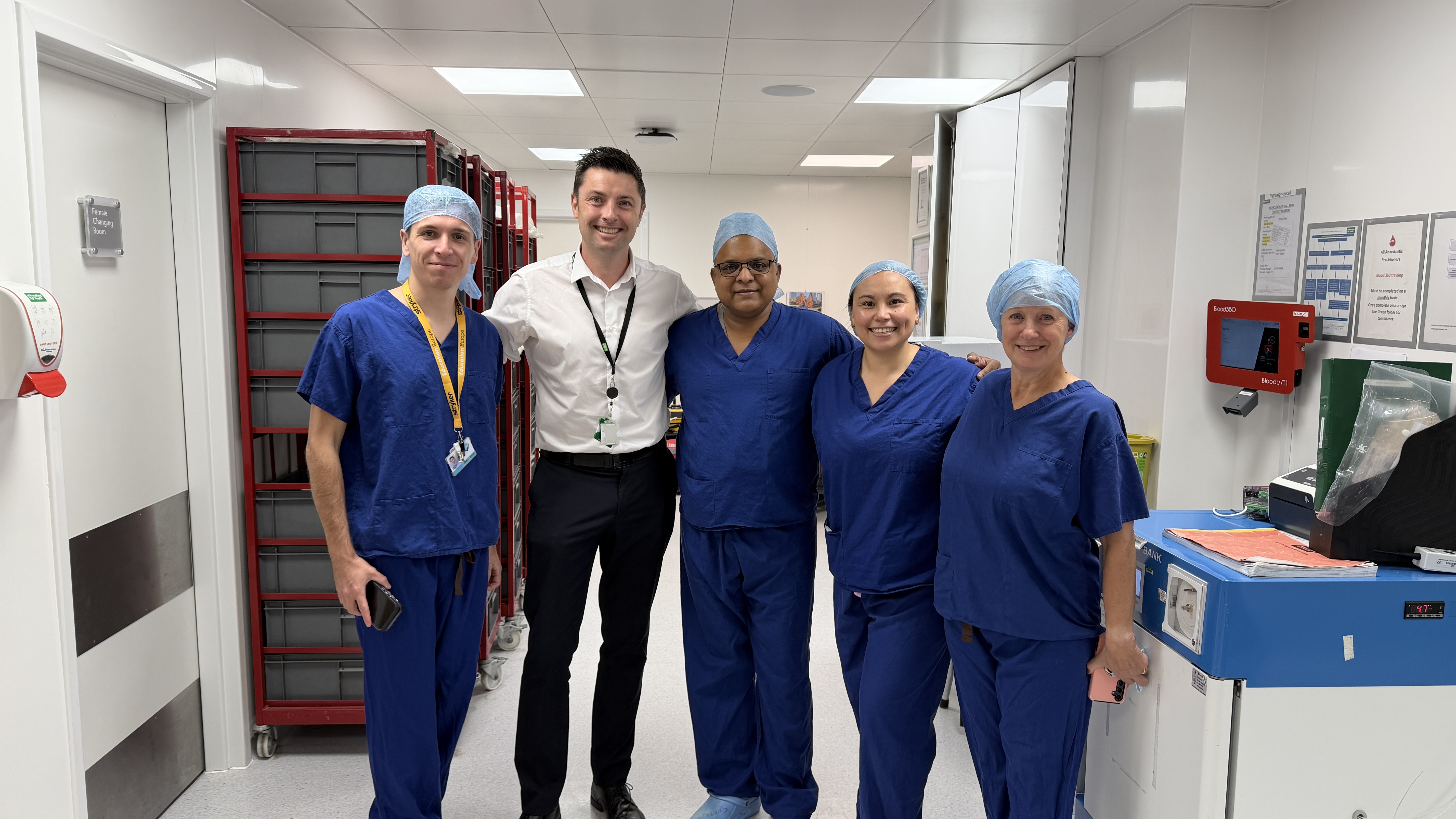 Mr Shivakumar Shankar with the Stryker specialist and surgical scrub team following the first MAKO robotic-assisted joint replacement at Nuffield Health Brentwood Hospital